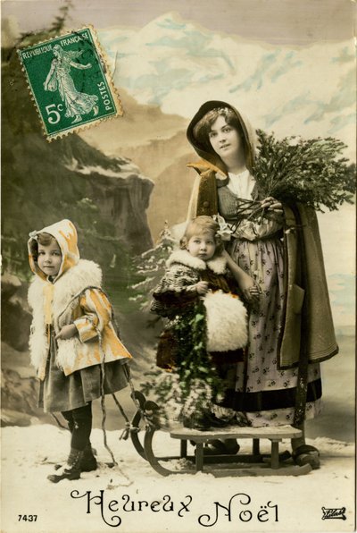 Family with a sledge, French Christmas card by French Photographer